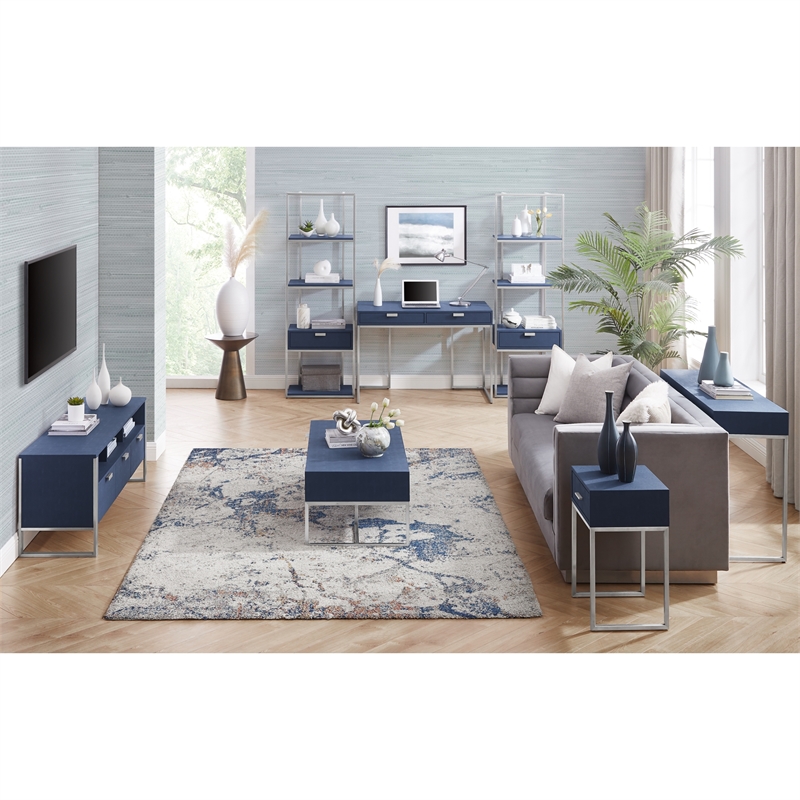 Posh Living Omer Faux Shagreen Side Table Navy/Chrome