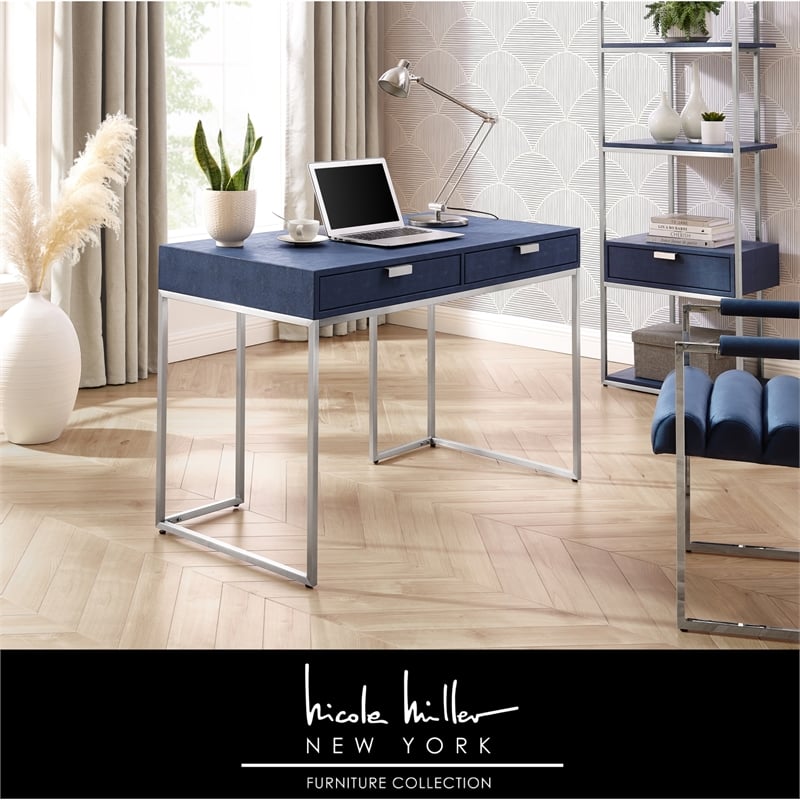 Posh Living Omer Faux Shagreen Writing Desk Navy/Chrome