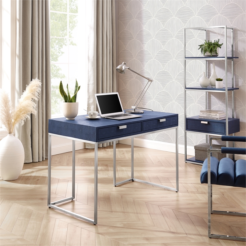 Posh Living Omer Faux Shagreen Writing Desk Navy/Chrome