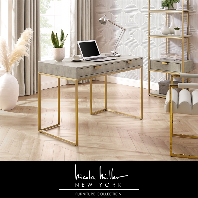 Posh Living Omer Faux Shagreen Writing Desk Cream White/Gold