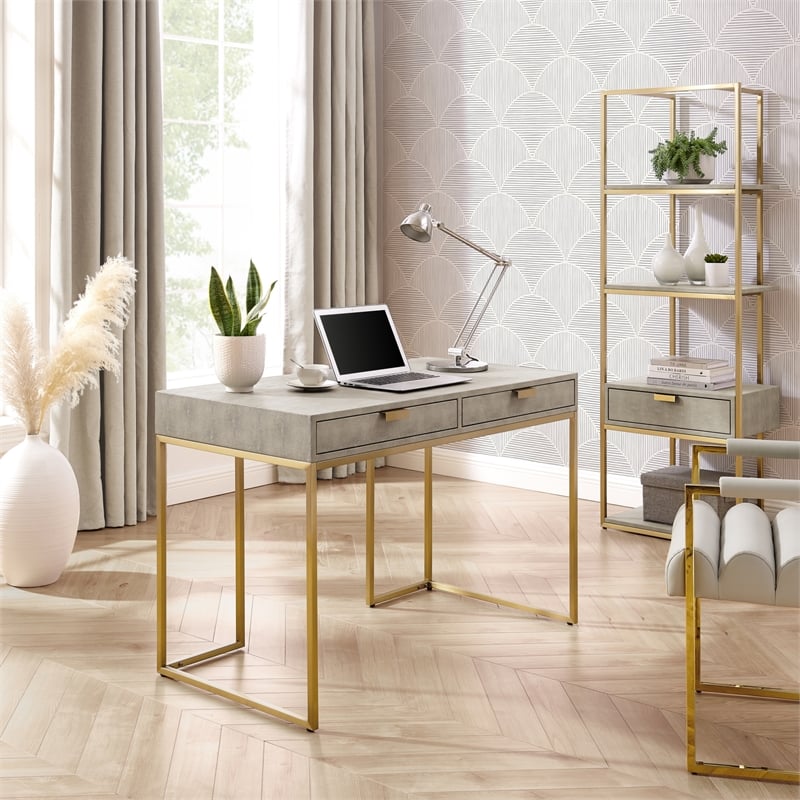 Posh Living Omer Faux Shagreen Writing Desk Cream White/Gold