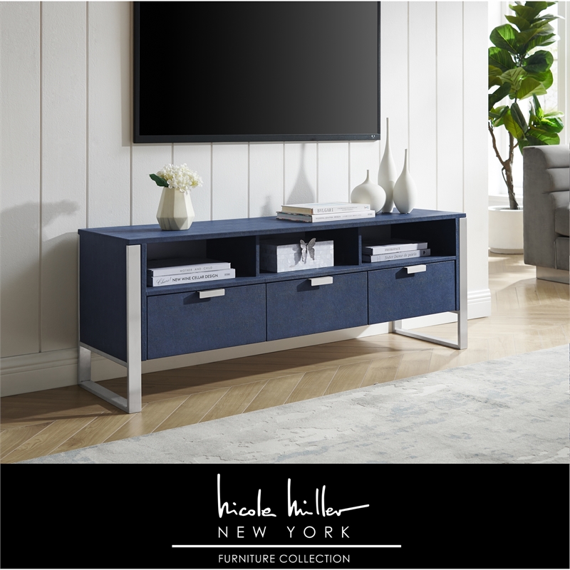 Posh Living Omer Faux Shagreen TV Stand/Cabinet Navy/Chrome