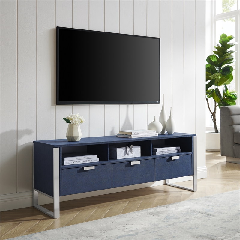 Posh Living Omer Faux Shagreen TV Stand/Cabinet Navy/Chrome