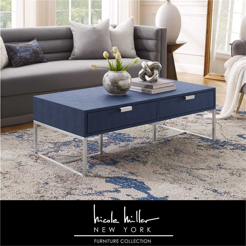 Posh Living Omer Faux Shagreen Coffee Table Navy/Chrome