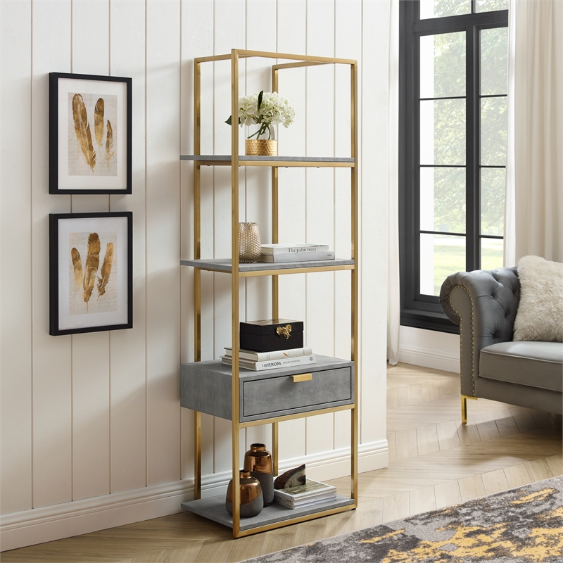 Posh Living Omer Faux Shagreen Bookshelf Gray/Gold