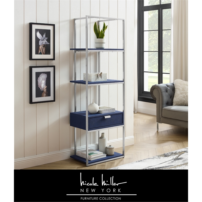 Posh Living Omer Faux Shagreen Bookshelf Navy/Chrome