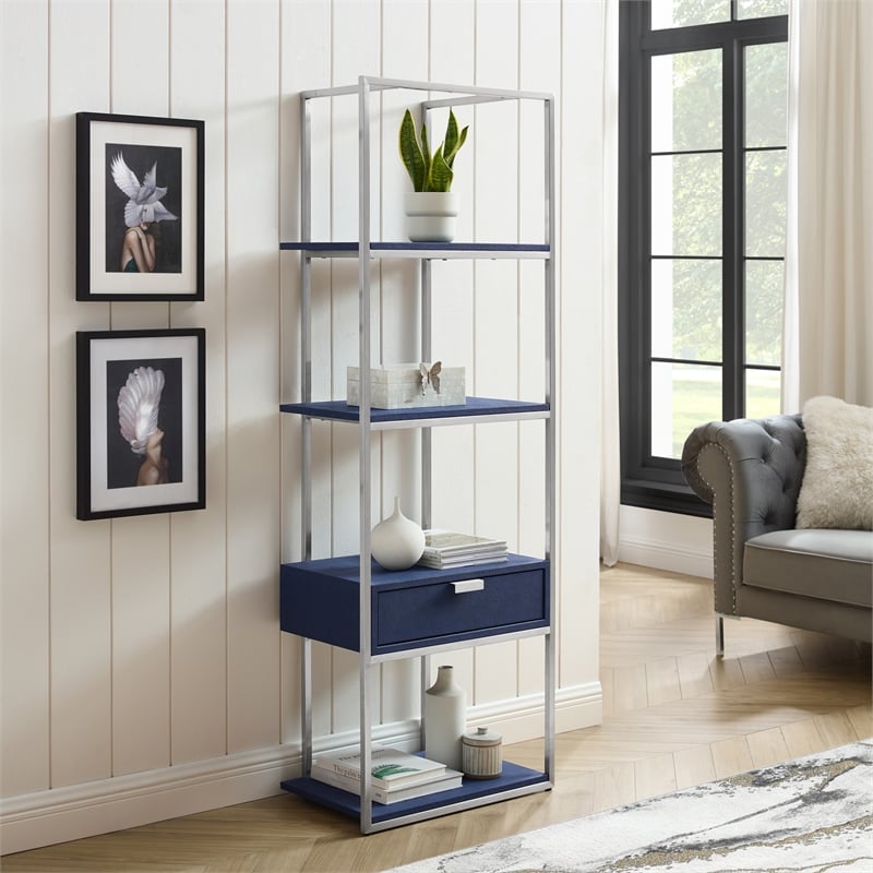 Posh Living Omer Faux Shagreen Bookshelf Navy/Chrome