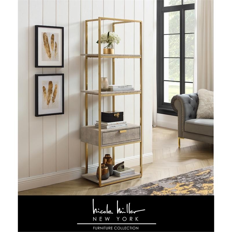 Posh Living Omer Faux Shagreen Bookshelf Cream White/Gold