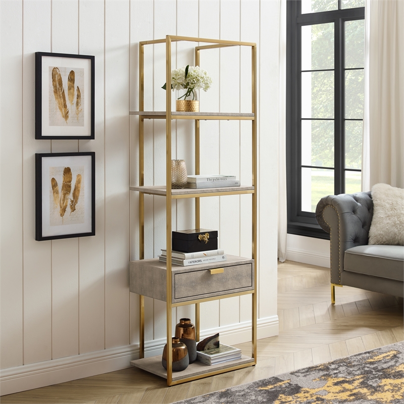 Posh Living Omer Faux Shagreen Bookshelf Cream White/Gold