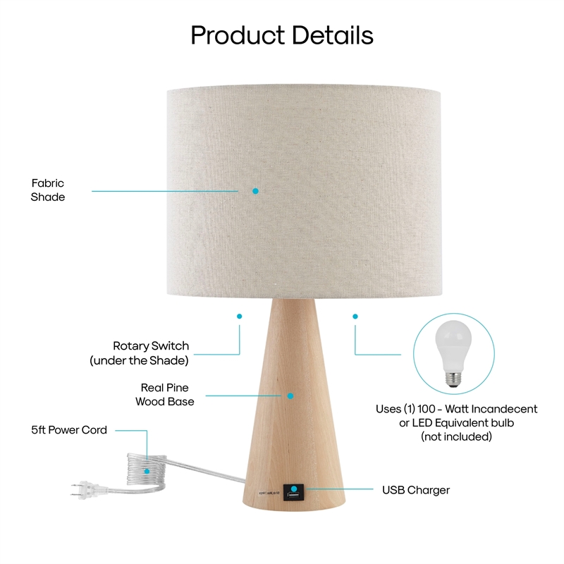 Posh Living Brynlie Table Lamp 5ft Power Cord USB Charger Beige