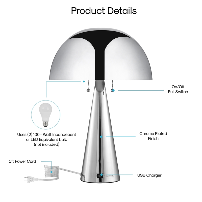 Posh Living Bradford Table Lamp USB Charger Chrome