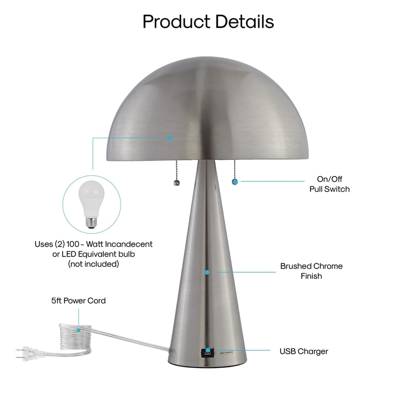 Posh Living Bradford Table Lamp USB Charger Stainless Steel