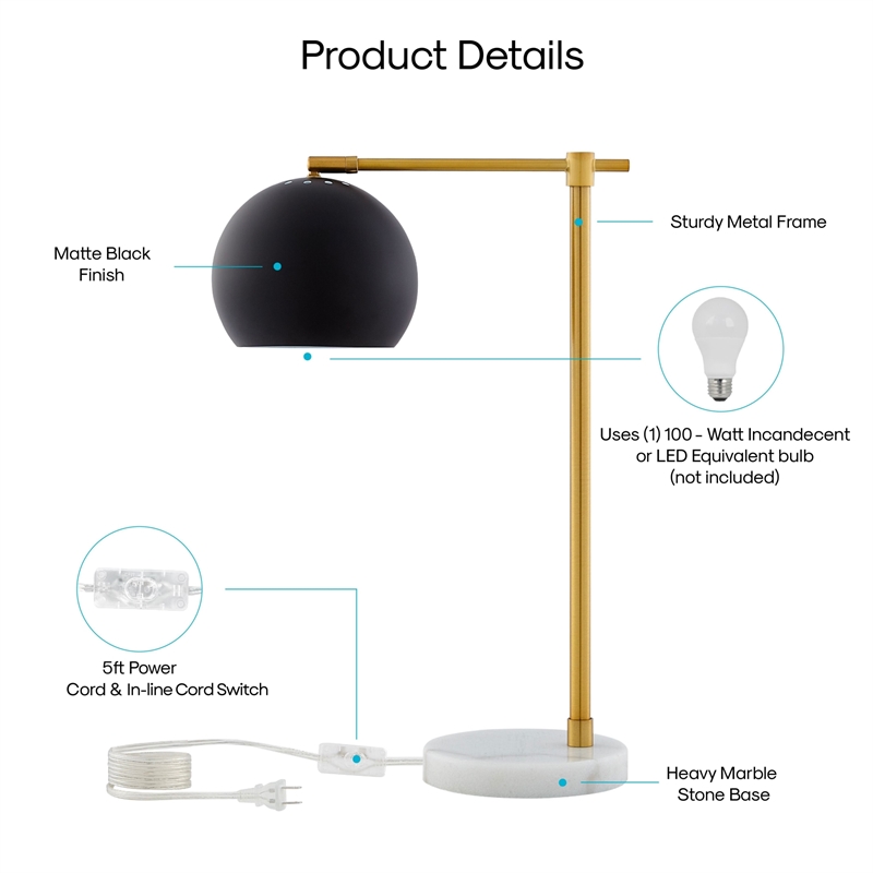 Posh Living Kendric Table Lamp 5ft Power Cord Marble Stone Base Black