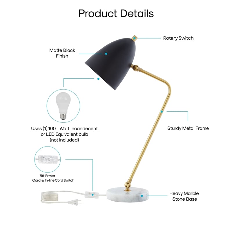 Posh Living Parth Table Lamp 5ft Power Cord Marble Stone Base Black