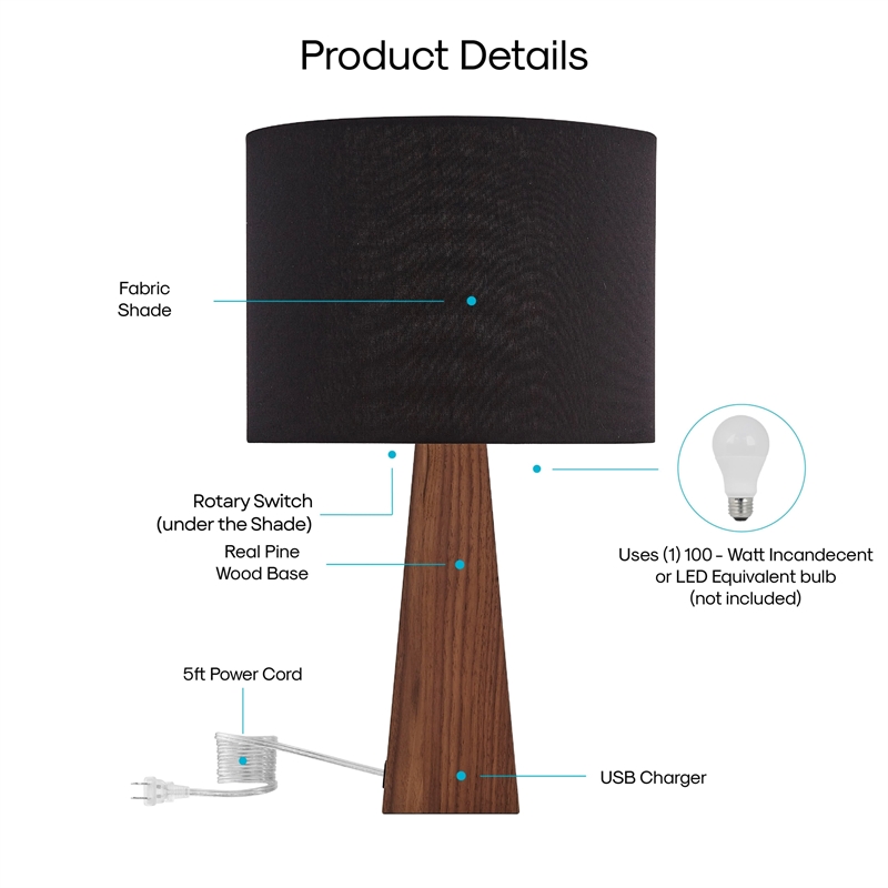 Posh Living Catarina Table Lamp 5ft Power Cord USB Charger Black