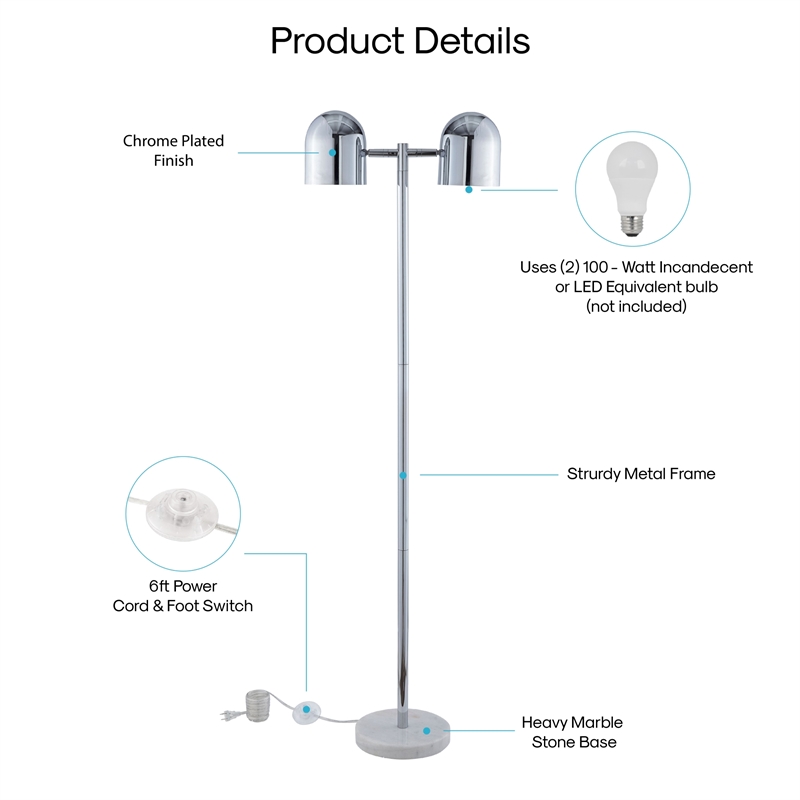 Posh Living Kaylei Floor Lamp 6ft Power Cord Foot Switch 2 Lights Chrome