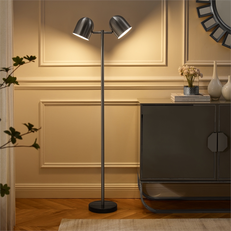 Posh Living Kaylei Floor Lamp 6ft Power Cord Foot Switch 2 Light Stainless Steel