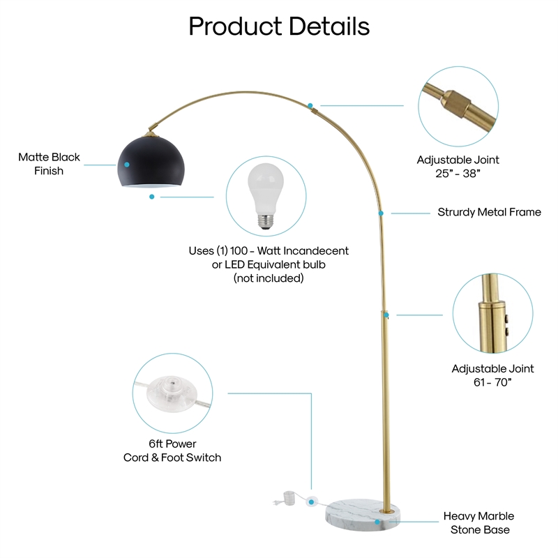 Posh Living Lillia Floor Lamp 6ft Power Cord Marble Stone Base Black