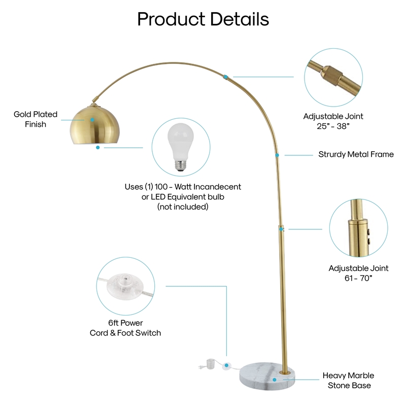 Posh Living Lillia Floor Lamp 6ft Power Cord Marble Stone Base Brass