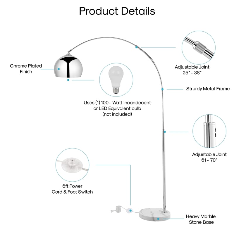Posh Living Lillia Floor Lamp 6ft Power Cord Marble Stone Base Chrome