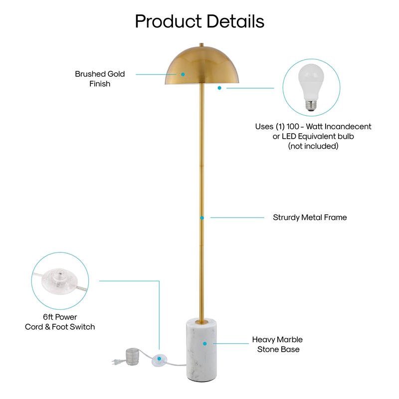 Posh Living Malaika Floor Lamp 6ft Power Cord Marble Stone Base Brass/White
