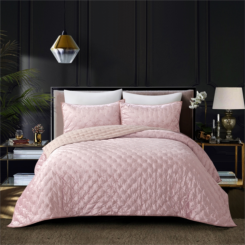 Posh Living Safiya Velvet 3pc Full/Queen Comforter Set Blush