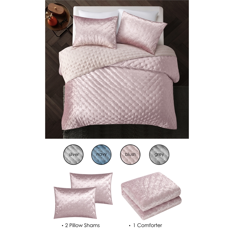 Posh Living Safiya Velvet 3pc Full/Queen Comforter Set Blush