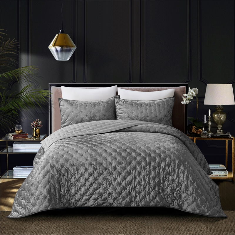 Posh Living Safiya Velvet 3pc Full/Queen Comforter Set Grey