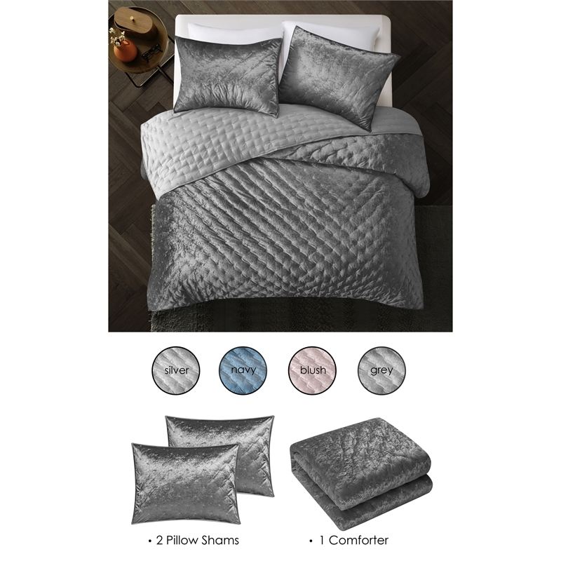 Posh Living Safiya Velvet 3pc Full/Queen Comforter Set Grey