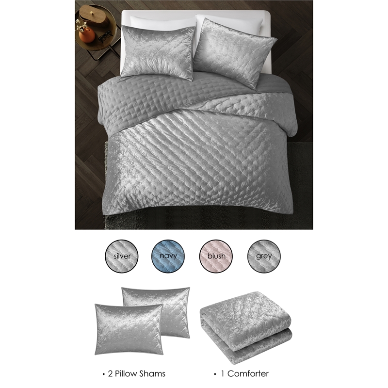 Posh Living Safiya Velvet 3pc King/California King Comforter Set Silver