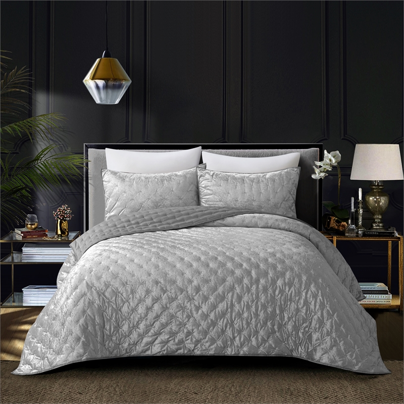 Posh Living Safiya Velvet 3pc Full/Queen Comforter Set Silver