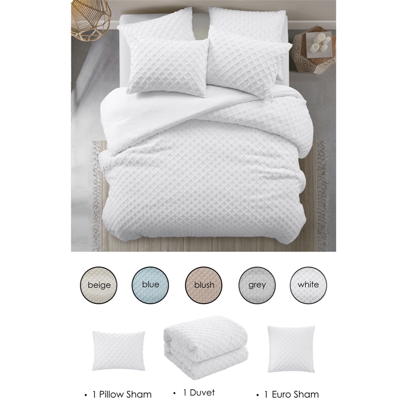 Posh Living Nika 3pc Twin/Twin XL Duvet Set White