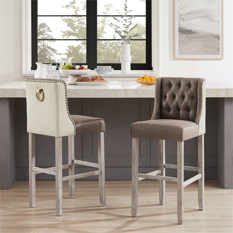 Posh Living Preslie Leather PU/Linen Barstool (Set of 2) Brown