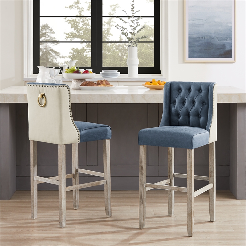 Posh Living Preslie Leather PU/Linen Barstool (Set of 2) Navy