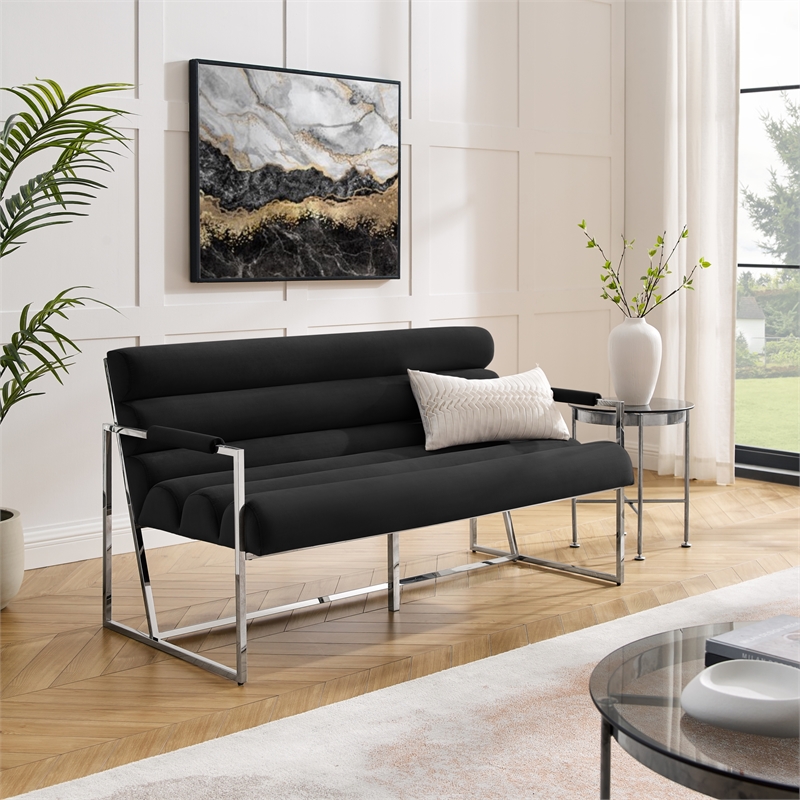Posh Living Makynlee Velvet Settee Loveseat Black/Chrome
