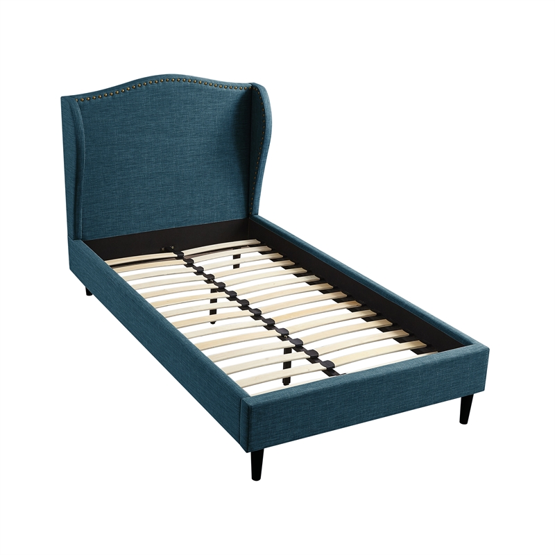 Posh Living Adelyne Linen & Solid Wood Platform Bed Full Size in Navy Blue