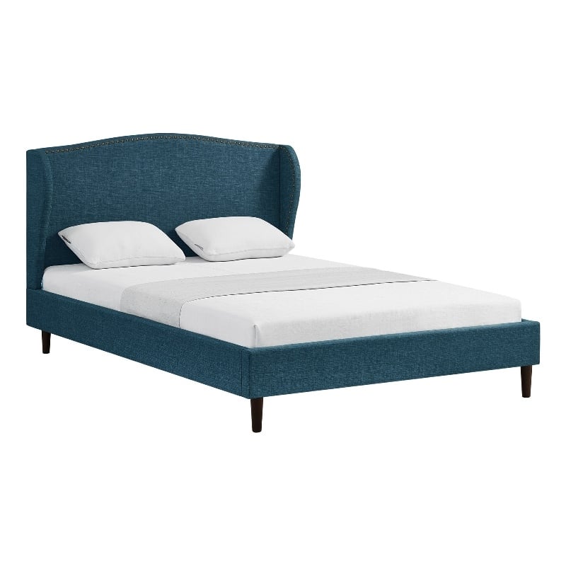 Posh Living Adelyne Linen & Solid Wood Platform Bed Queen Size in Navy Blue