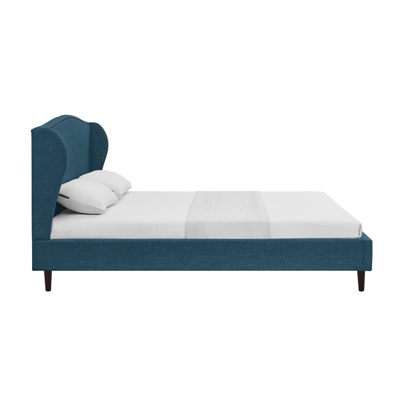 Posh Living Adelyne Linen & Solid Wood Platform Bed Queen Size in Navy Blue