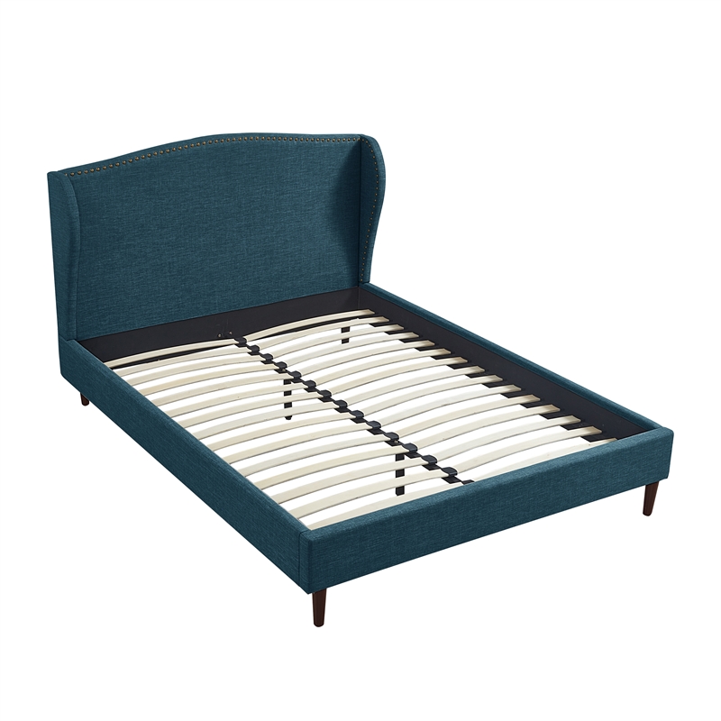 Posh Living Adelyne Linen & Solid Wood Platform Bed Queen Size in Navy Blue