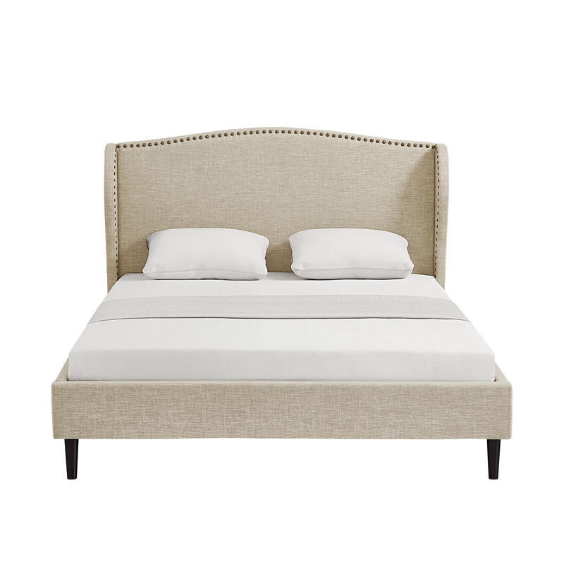 Posh Living Adelyne Linen & Brown Platform Bed Queen Size in Brown/Beige