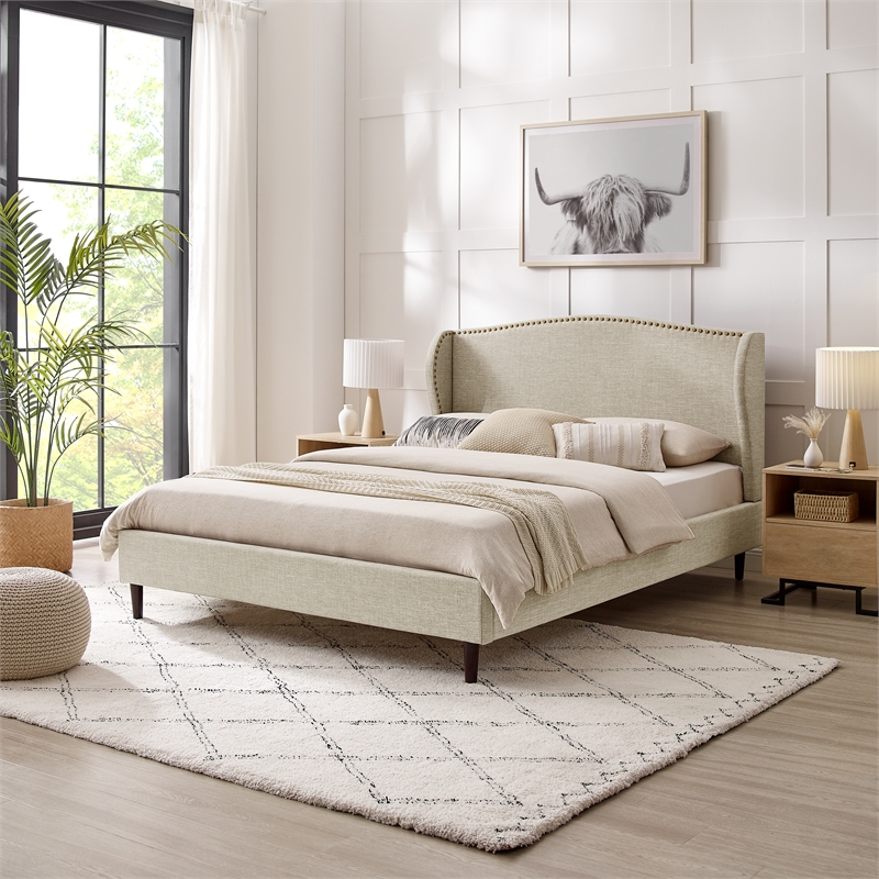 Posh Living Adelyne Linen & Brown Platform Bed Queen Size in Brown/Beige