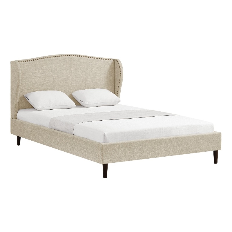 Posh Living Adelyne Linen & Brown Platform Bed Queen Size in Brown/Beige