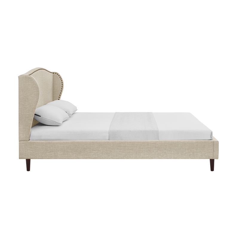 Posh Living Adelyne Linen & Brown Platform Bed Queen Size in Brown/Beige