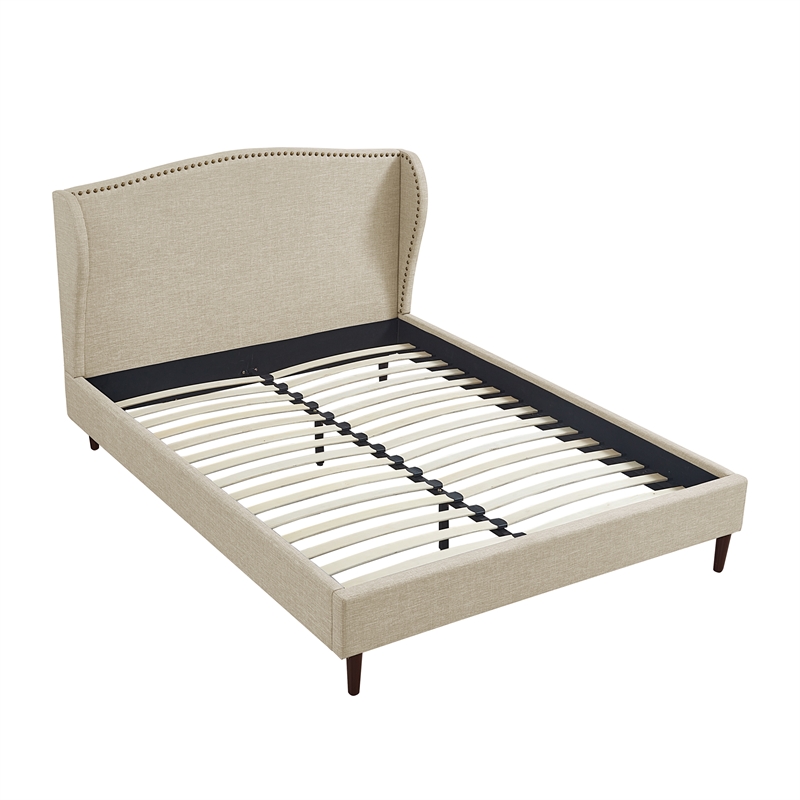 Posh Living Adelyne Linen & Brown Platform Bed Queen Size in Brown/Beige