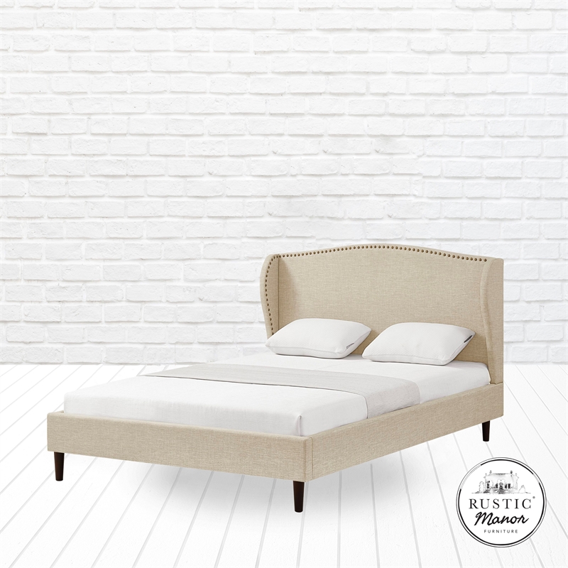 Posh Living Adelyne Linen & Brown Platform Bed Queen Size in Brown/Beige