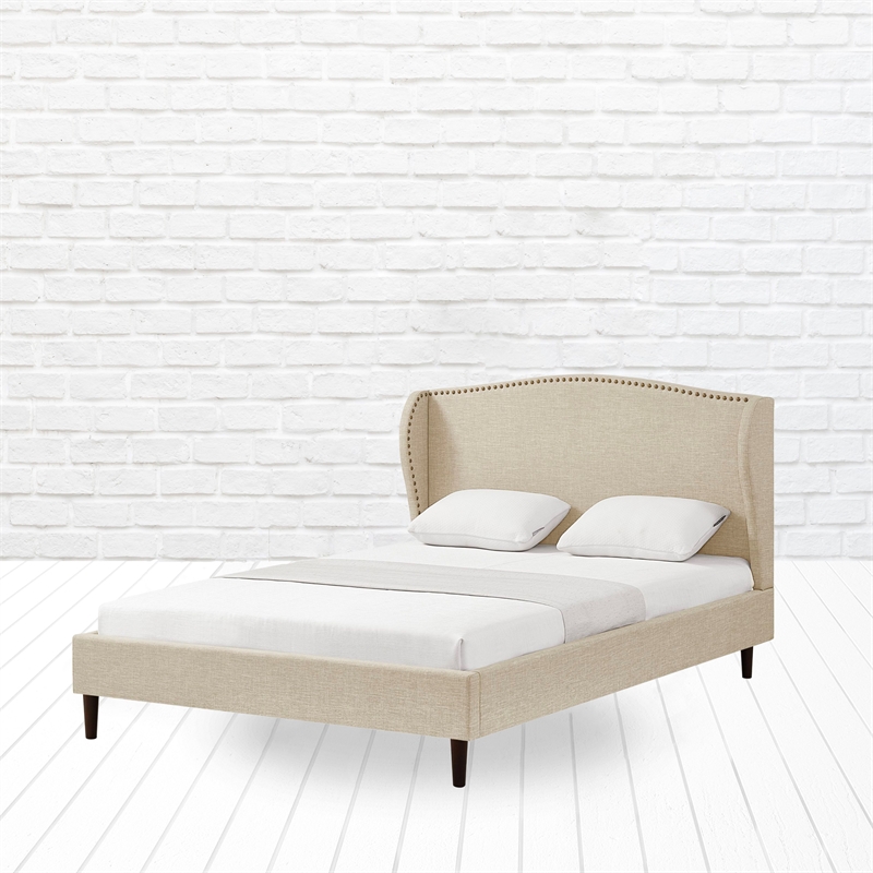 Posh Living Adelyne Linen & Brown Platform Bed Queen Size in Brown/Beige