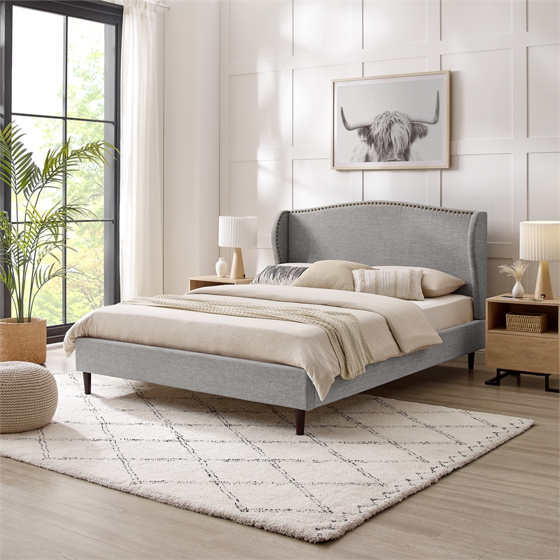 Posh Living Adelyne Linen & Solid Wood Platform Bed Queen Size in Gray
