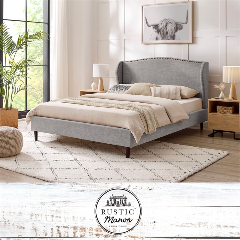 Posh Living Adelyne Linen & Solid Wood Platform Bed Queen Size in Gray