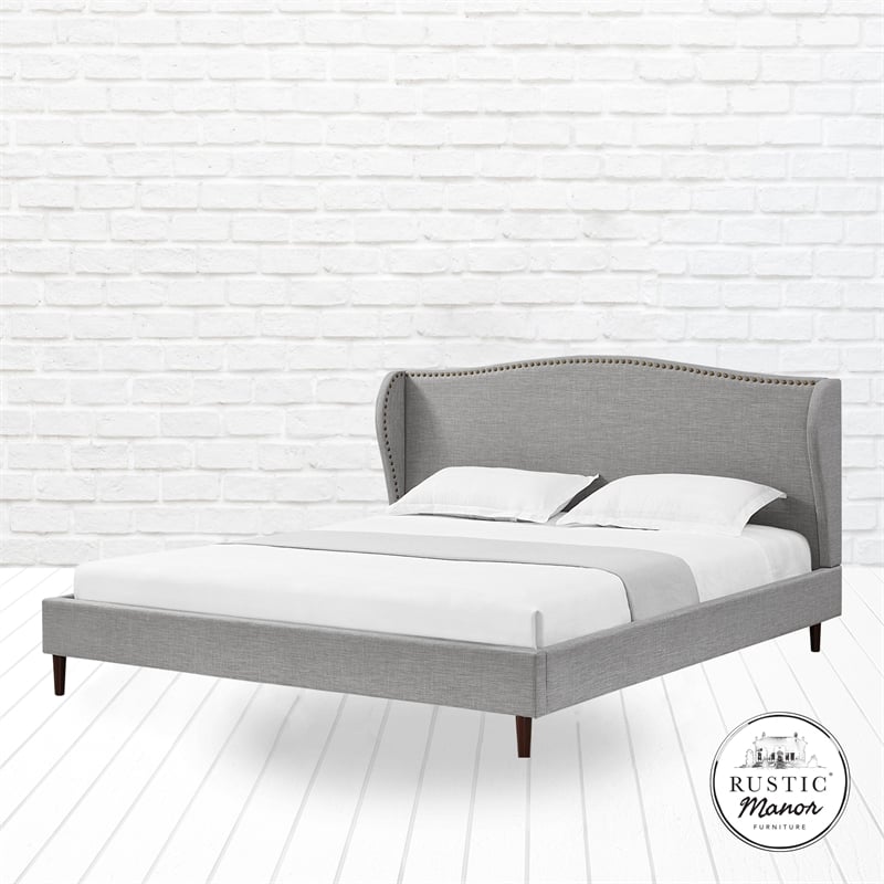 Posh Living Adelyne Linen & Solid Wood Platform Bed Queen Size in Gray