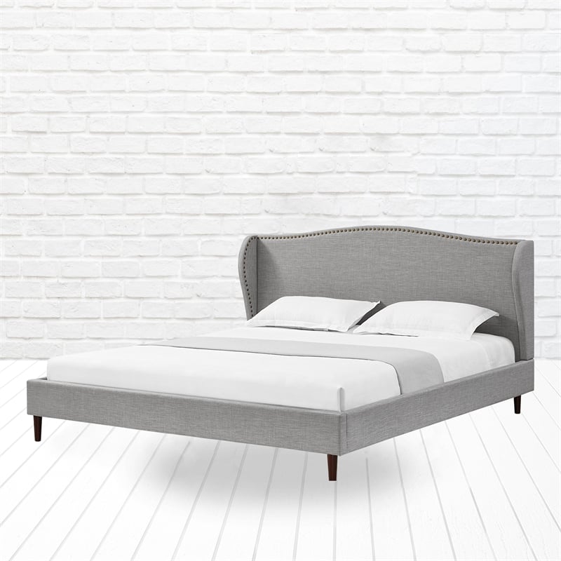 Posh Living Adelyne Linen & Solid Wood Platform Bed Queen Size in Gray